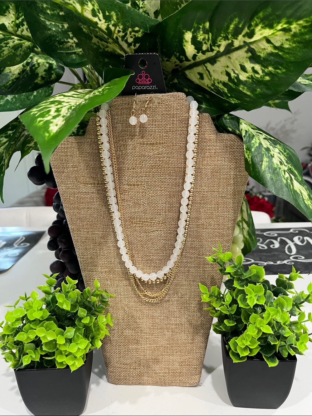 Paparazzi White Beaded Gold Accent Layered Necklace and Earring Set